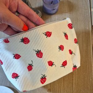 Strawberry Cosmetic Bag Print Corduroy Pouch Makeup Case  In Cream